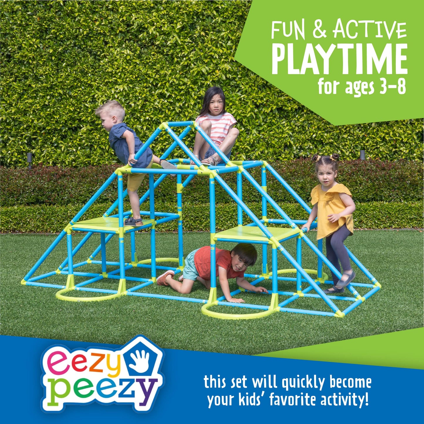 Eezy Peezy Mega Pyramid Monkey Bars Climbing Tower Active Outdoor Fun for Kids Ages 3 to 8 Years Old, Blue/Green