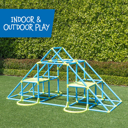Eezy Peezy Mega Pyramid Monkey Bars Climbing Tower Active Outdoor Fun for Kids Ages 3 to 8 Years Old, Blue/Green
