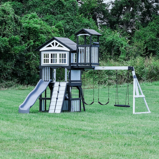 Backyard Discovery Whispering Point Light Gray Cedar Wood Swing Set with Wave Slide, Clubhouse, Crows Nest, Play Kitchen, Belt Swings, Web Swing, Rock Wall, Playhouse, Ladder, Windows, Outdoor Playset